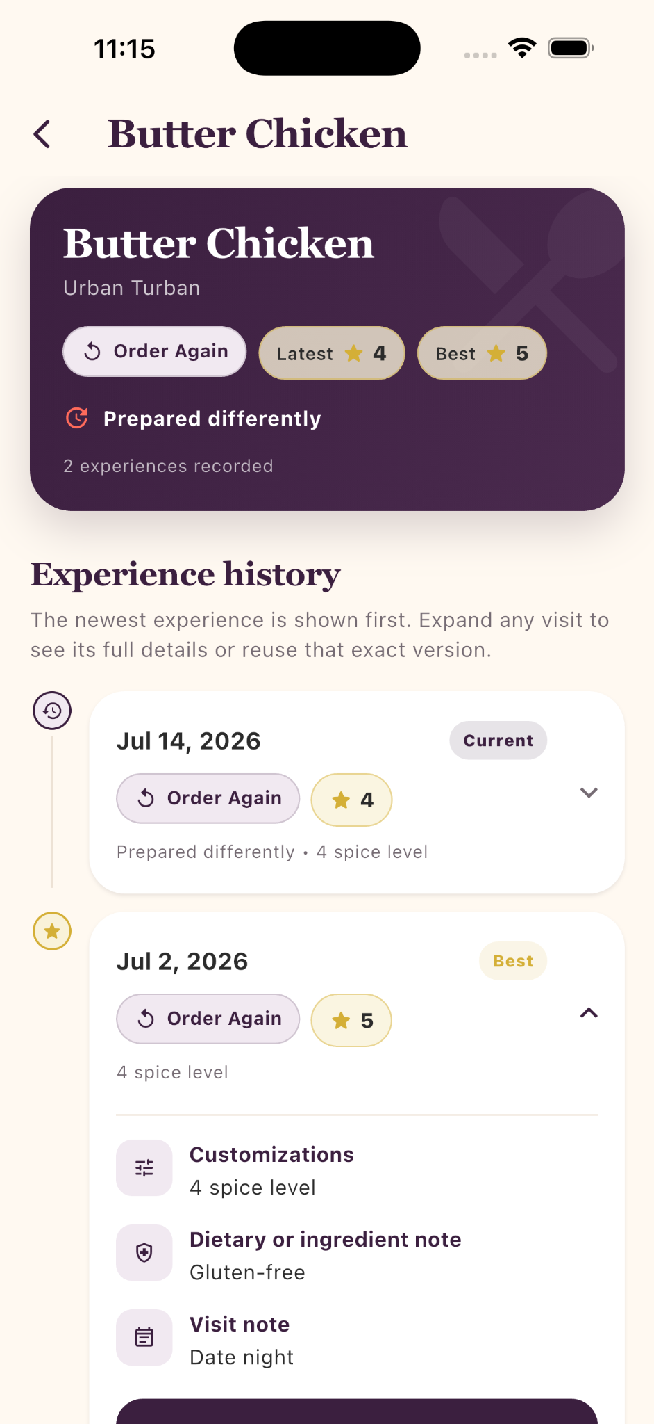 PastPlate Butter Chicken experience history showing current and best versions