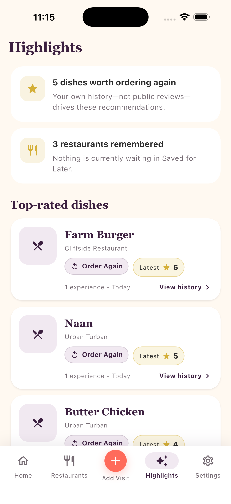PastPlate Highlights screen showing top-rated dishes