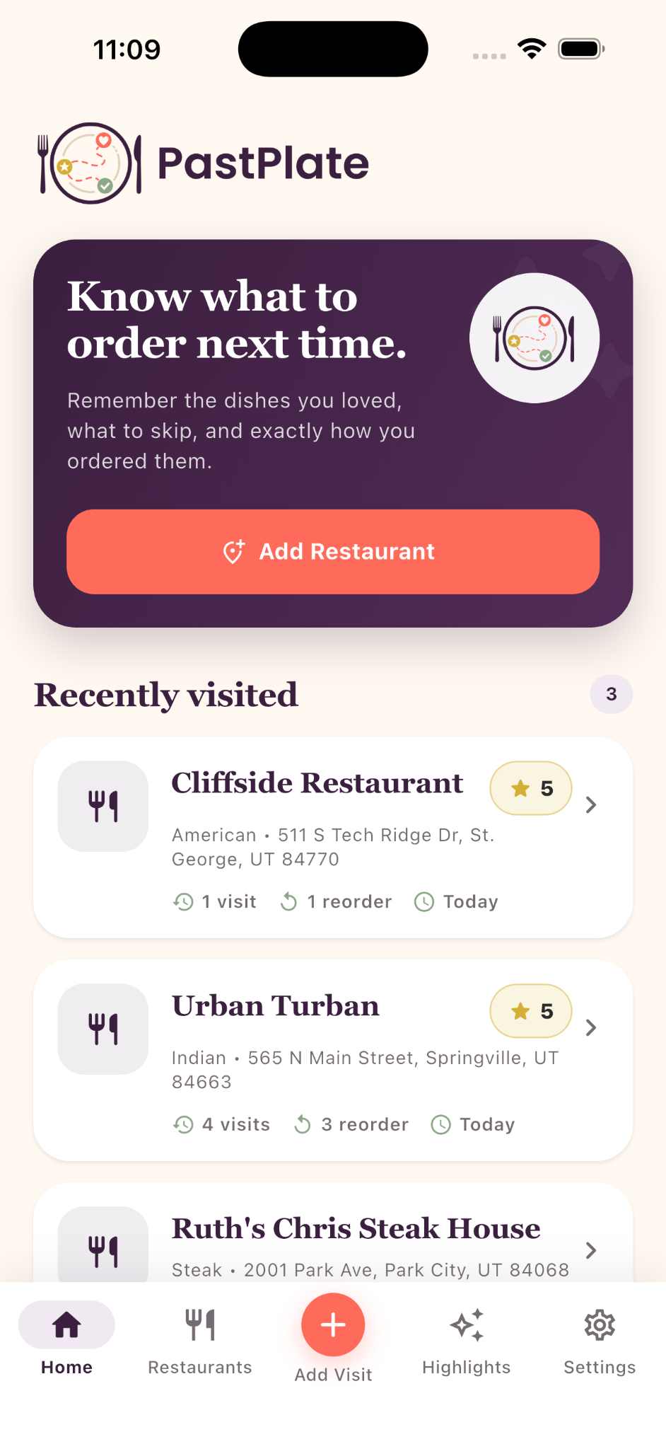 PastPlate home screen showing recently visited restaurants and quick access to add a restaurant