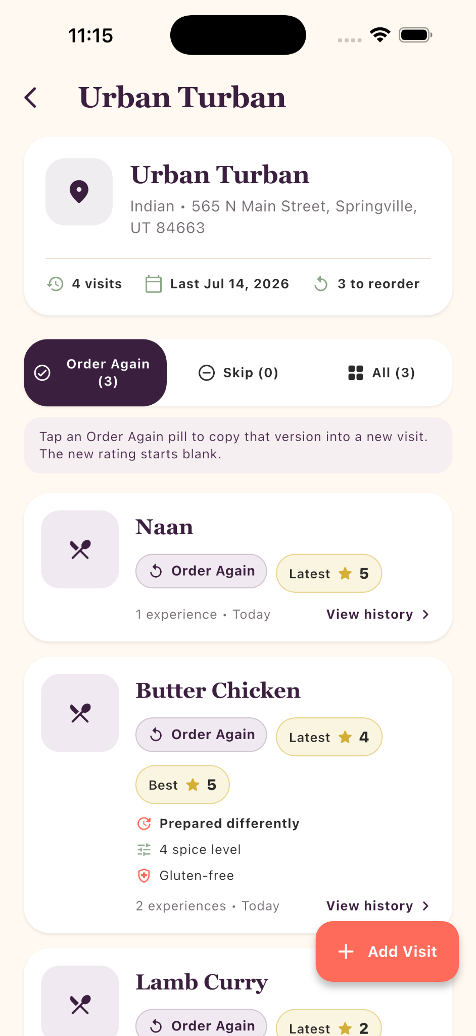 PastPlate restaurant detail page showing dishes to order again