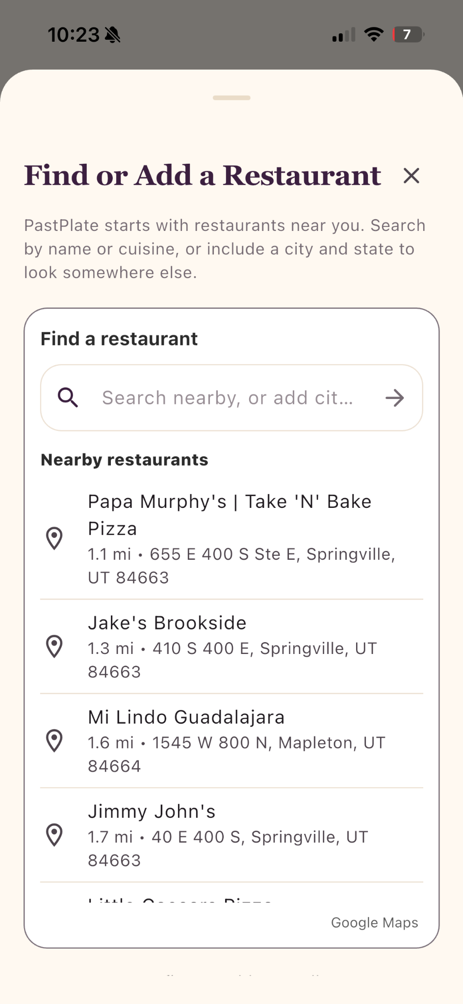 PastPlate restaurant search with nearby restaurant results
