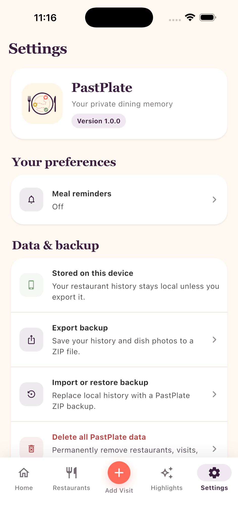 PastPlate Settings screen with reminders, backup, restore, and data deletion controls